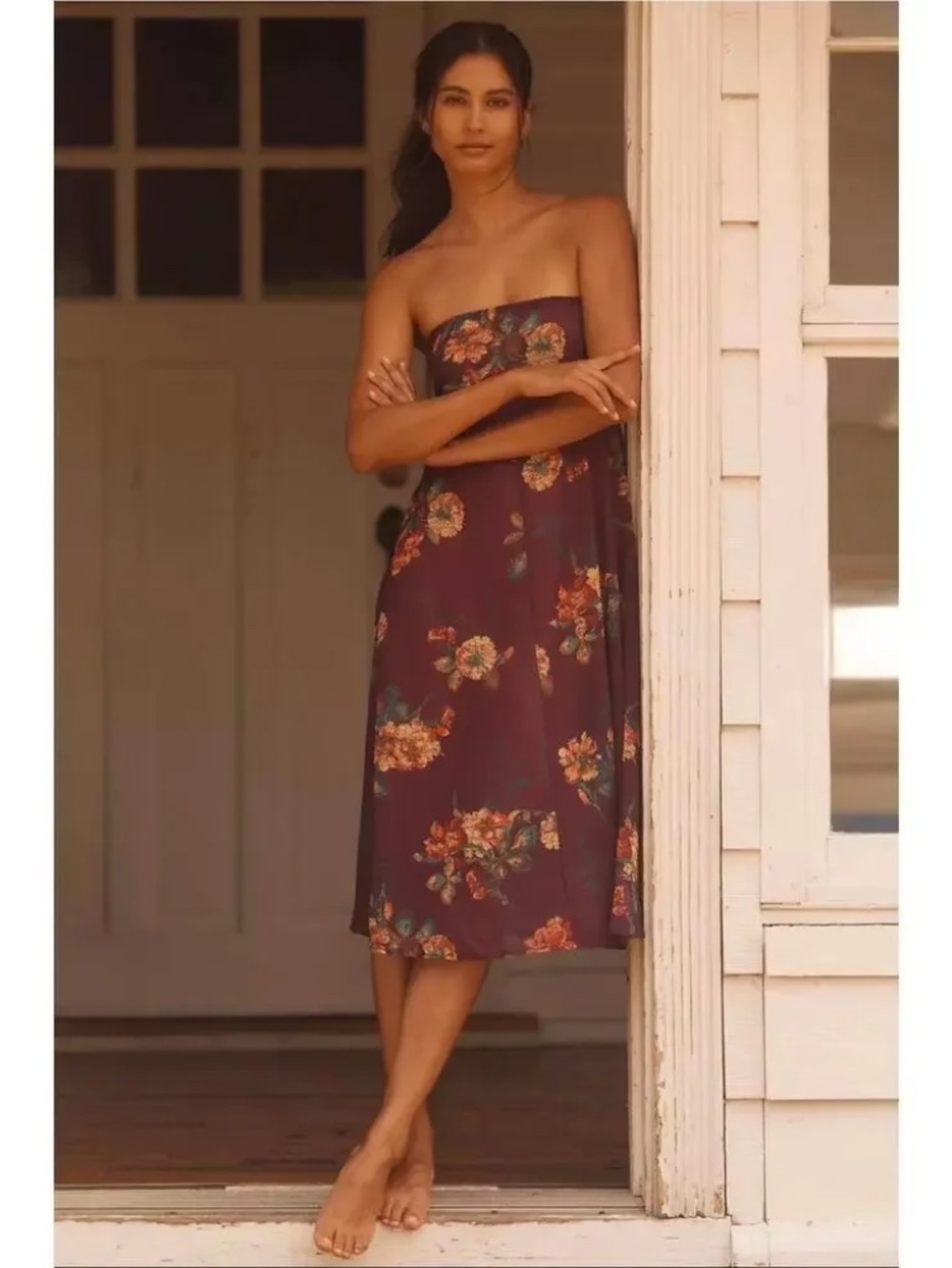 Anthropologie Lyrebird Plum Floral Strapless Chiffon Midi Dress Size M NWT